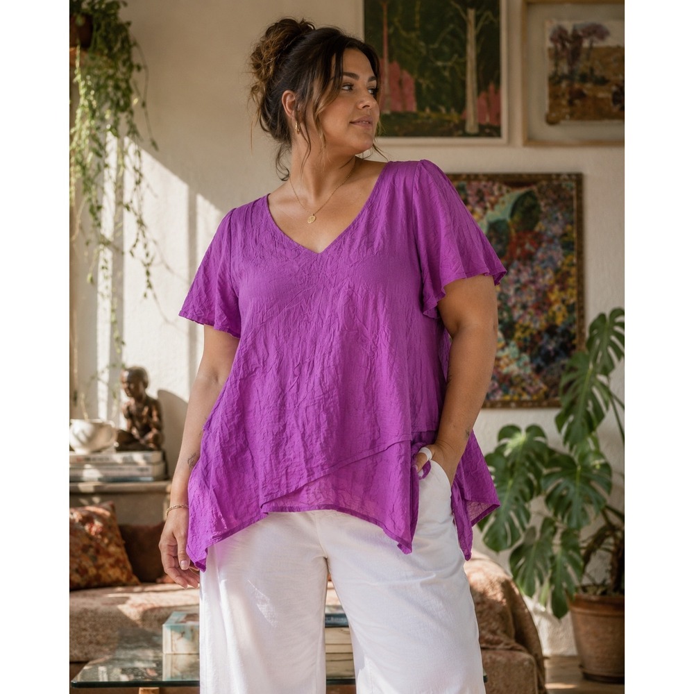 Avenue Womens Magenta Purple V-Neck Sharkbite Hem Crinkle Tunic Top Size 18